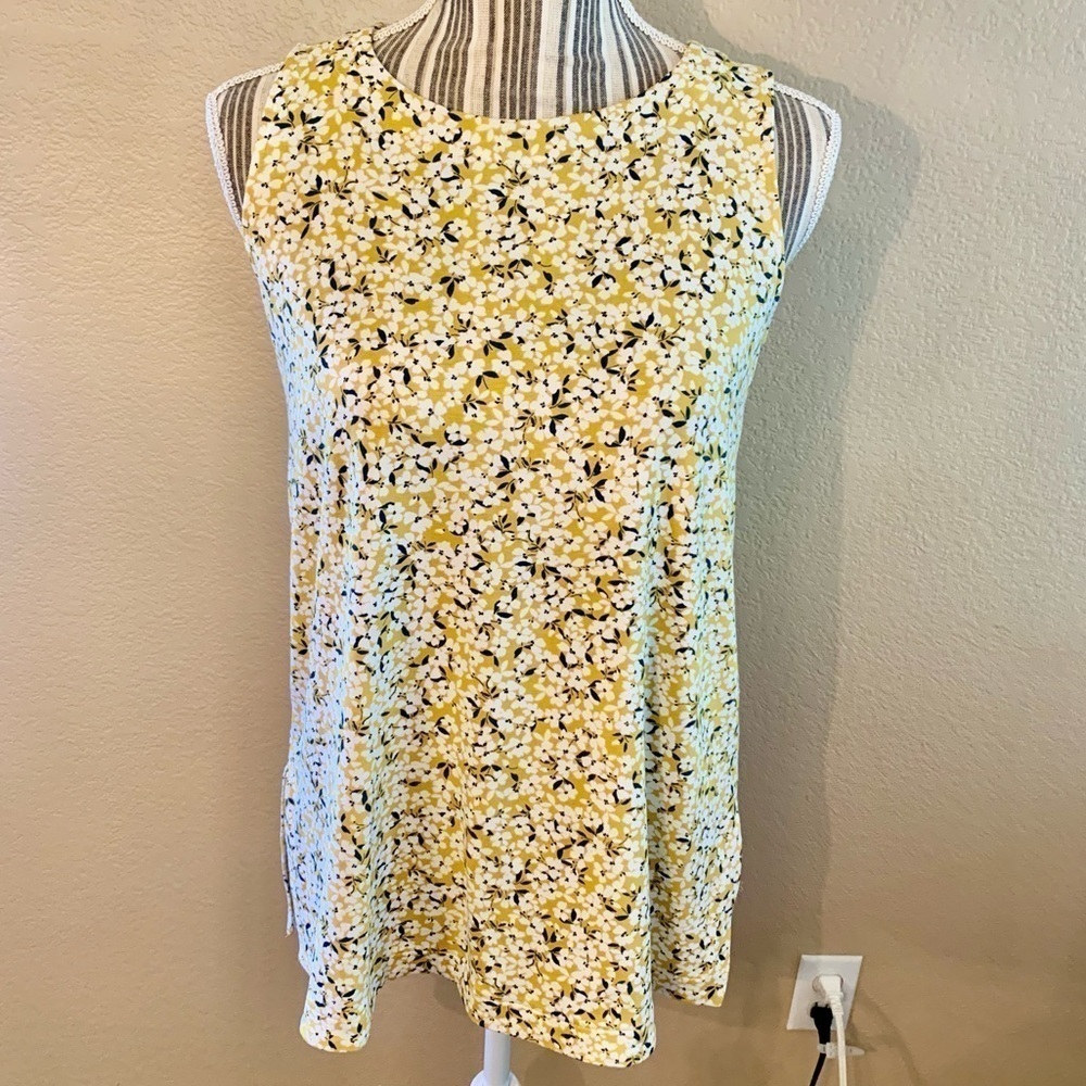 J. Jill Tunic Top XS Sleeveless Gold Yellow Floral Ptrn White Green Rayon